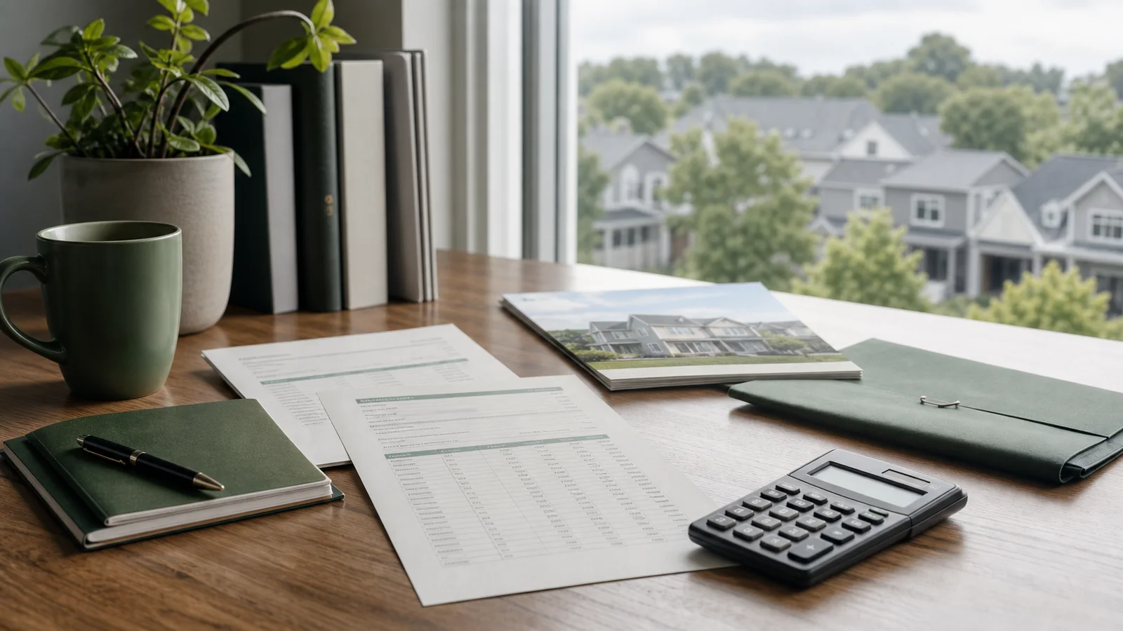 Illustration of financial worksheets and a calculator on a desk overlooking a residential neighborhood.