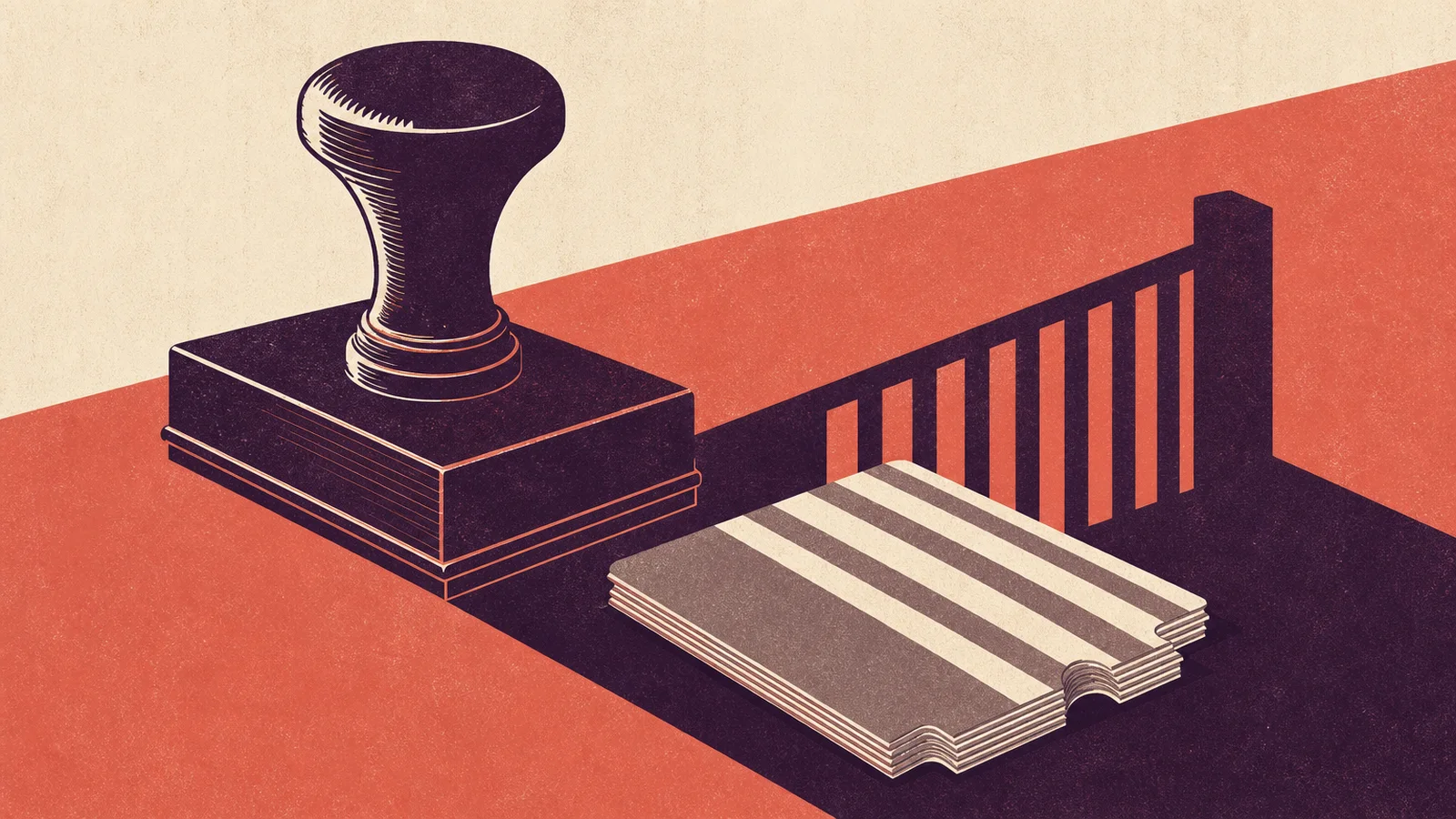 Editorial illustration of a plum approval stamp and blank ticket cards beneath a gate-shaped shadow on a coral and cream background.