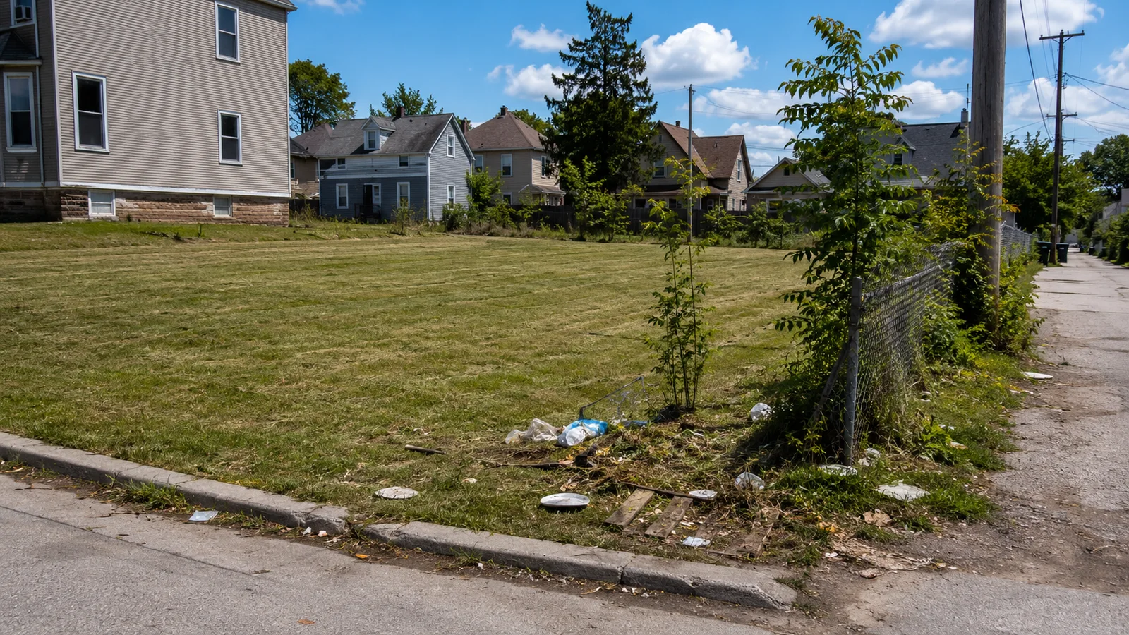 Vacant lot with leftover debris