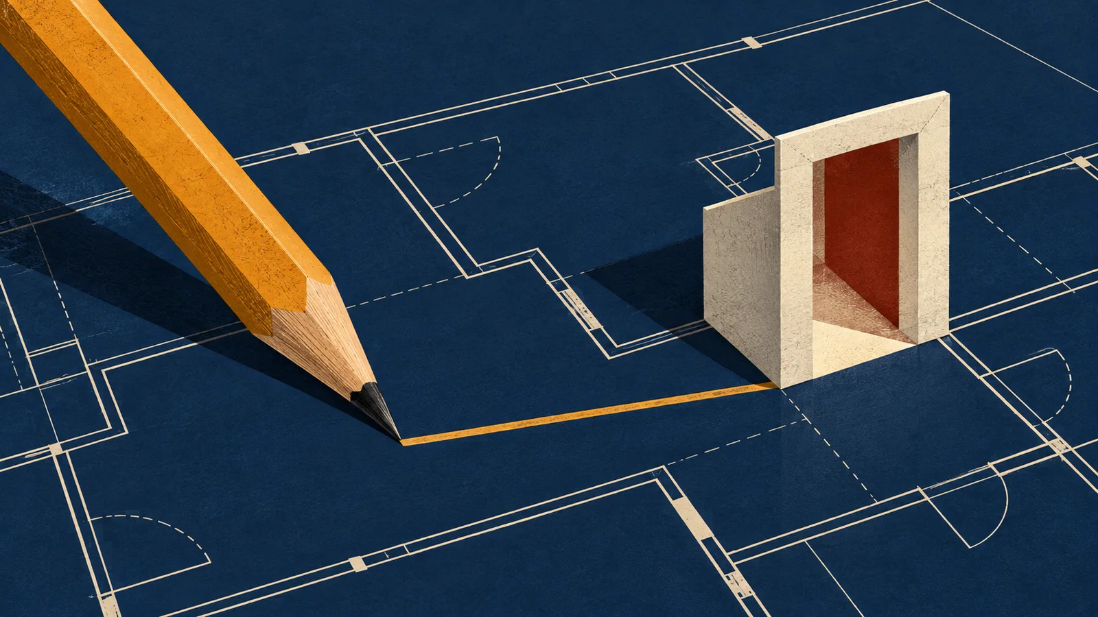 An ochre pencil draws a line across a navy architectural plan beside a doorway rising from the page.