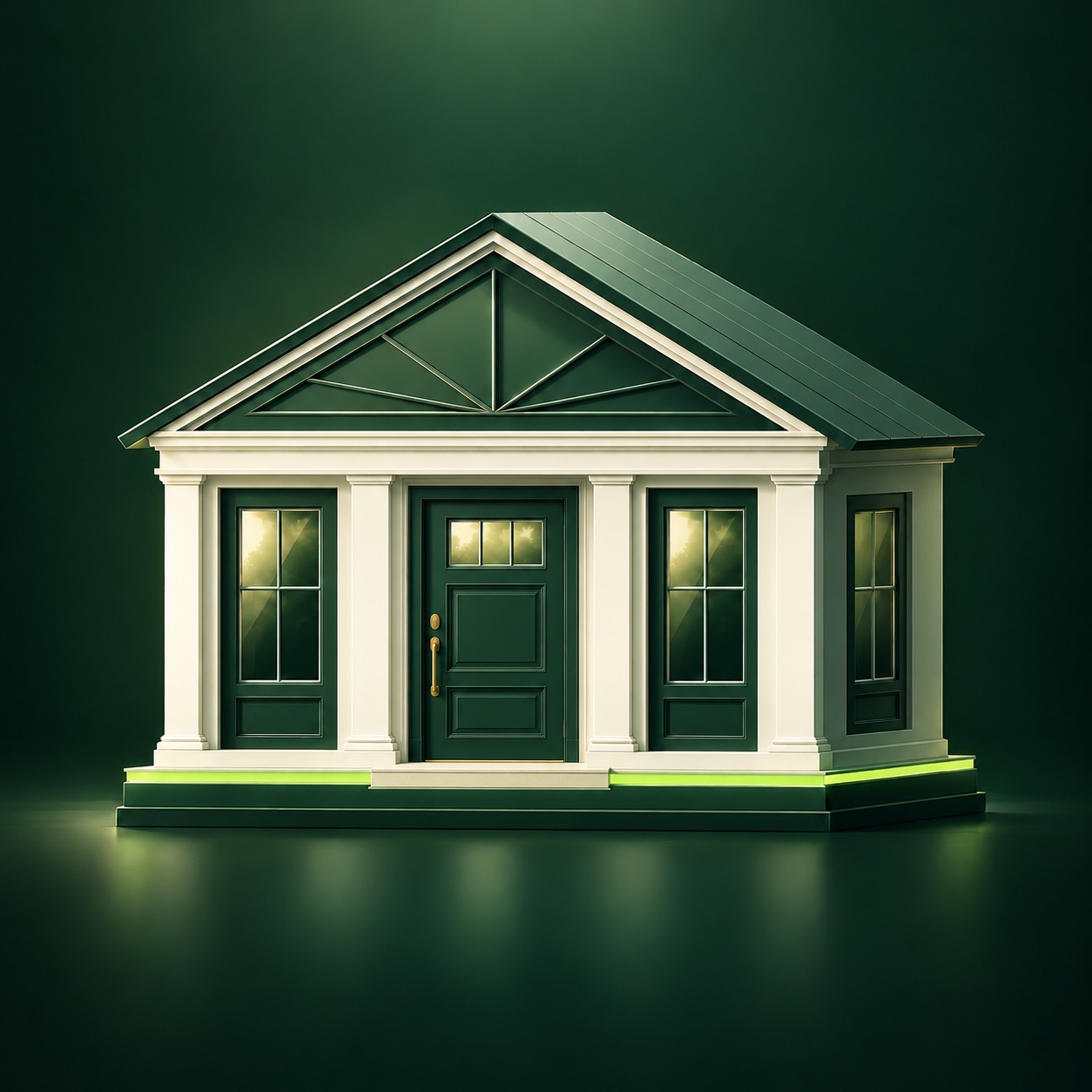 Green-roofed house with a central front door resting on a solid foundation.